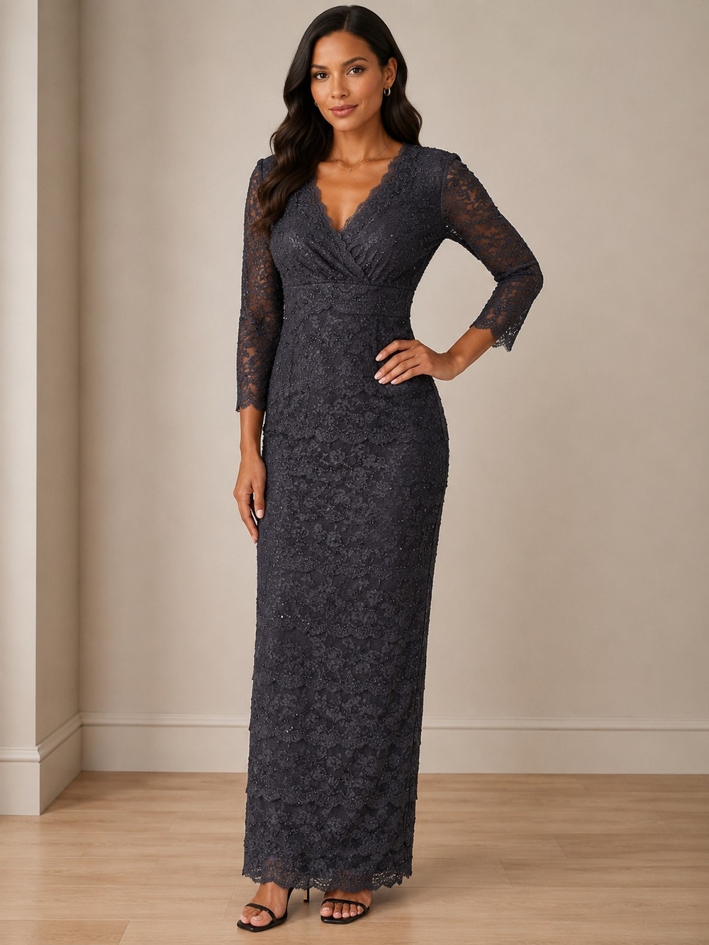 MARINA Dress‎ Size 4 Black Beaded Sequin Lace Tiered Long-Sleeve V‑Neck Gown